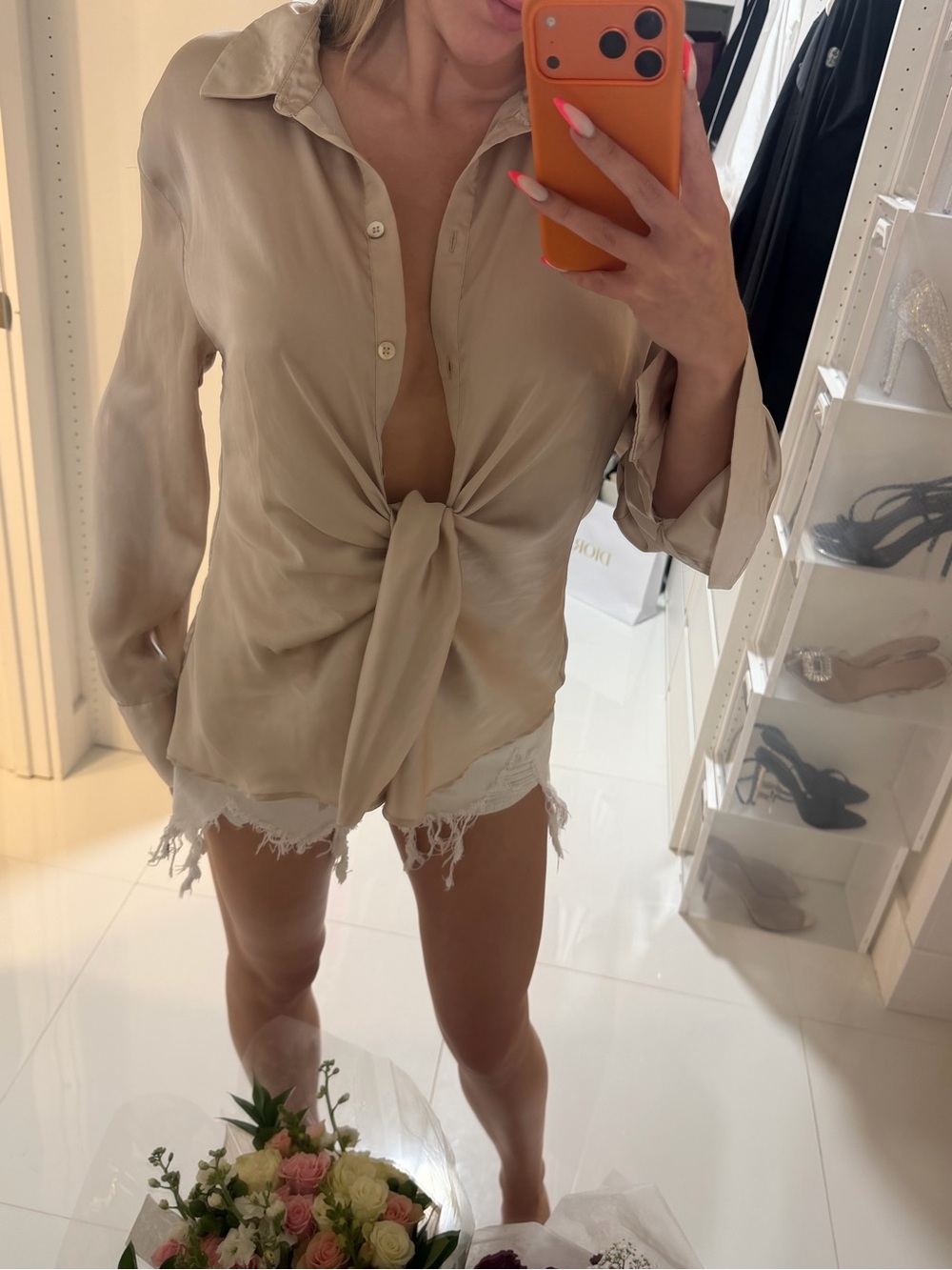 Women's Beige Knot-Front Button Shirt